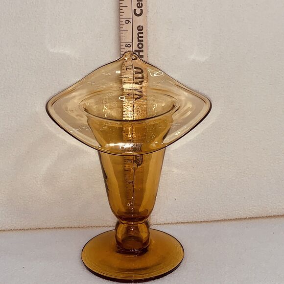 MCM Vtg Hand-Blown Amber Glass Yellow Vase Folded Open Top Pedestal Much Detail - Picture 4 of 16